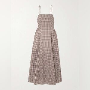 POSSE Callie Gingham Pleated Midi Dress Small Petite Mocha Cotton Net-a-Porter